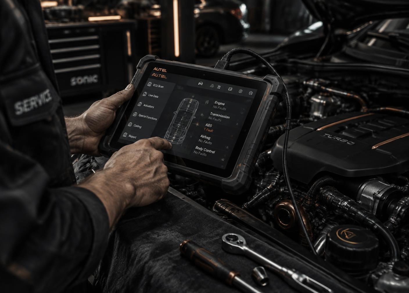 Diagnostic électronique sur un moteur en atelier