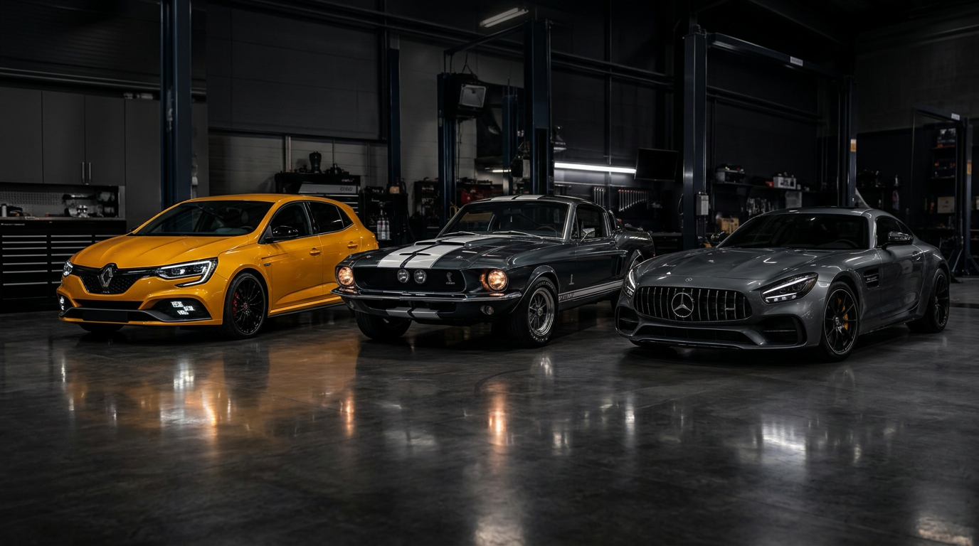 Renault Mégane RS, Shelby GT500 et Mercedes-AMG GT réunies dans l’atelier PrestiGestion à Erstein
